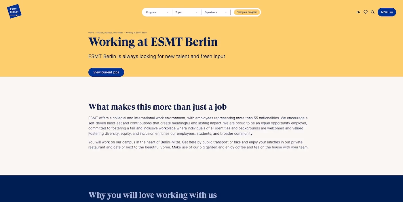 Screenshot of the official career page of ESMT Berlin