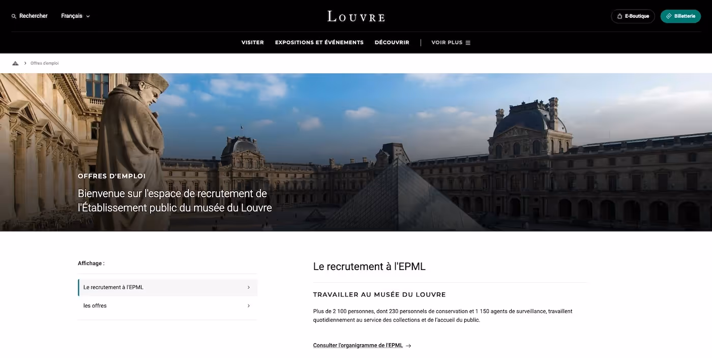 Screenshot of the official career page of Louvre