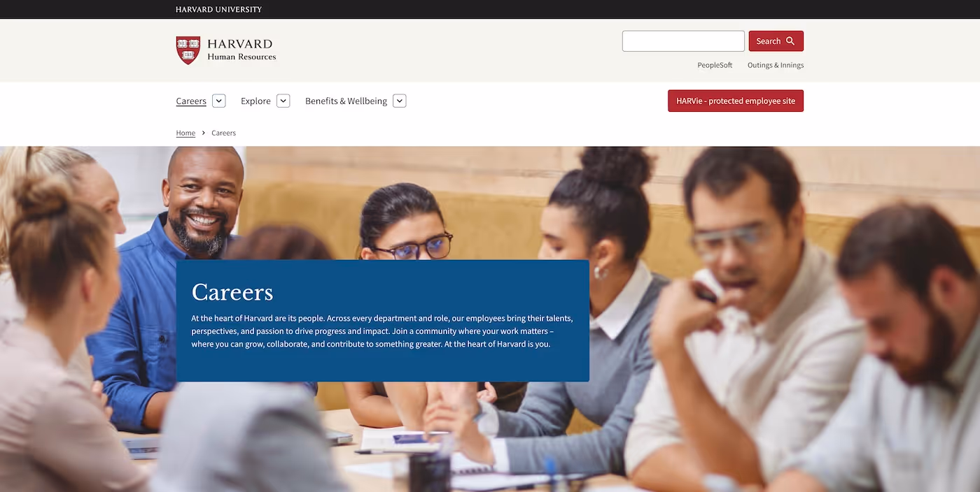 Screenshot of the official career page of Harvard University