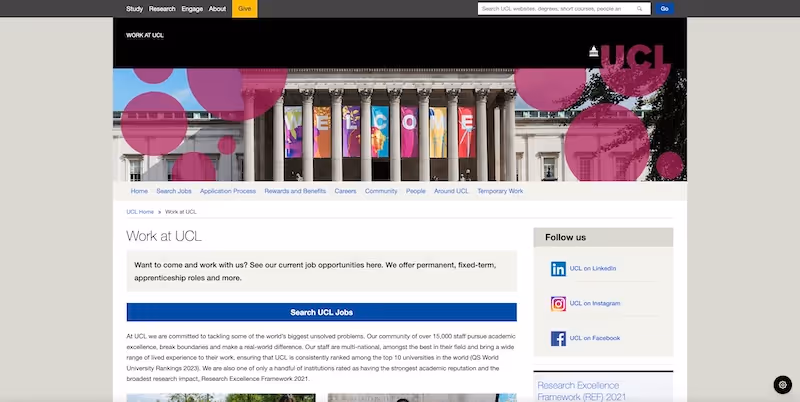 Screenshot of the official career page of UCL - University College London