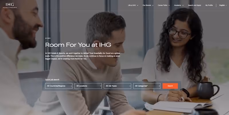 Screenshot of the official career page of IHG (InterContinental Hotels Group)