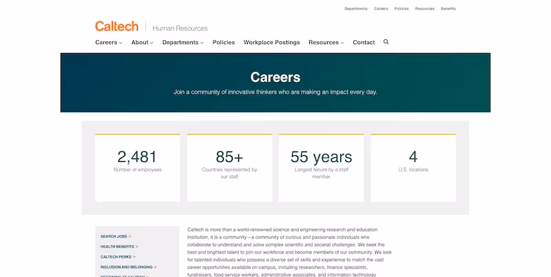 Screenshot of the official career page of Caltech (California Institute of Technology)