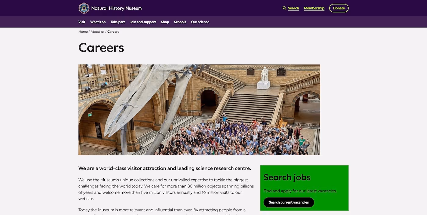 Screenshot of the official career page of Natural History Museum