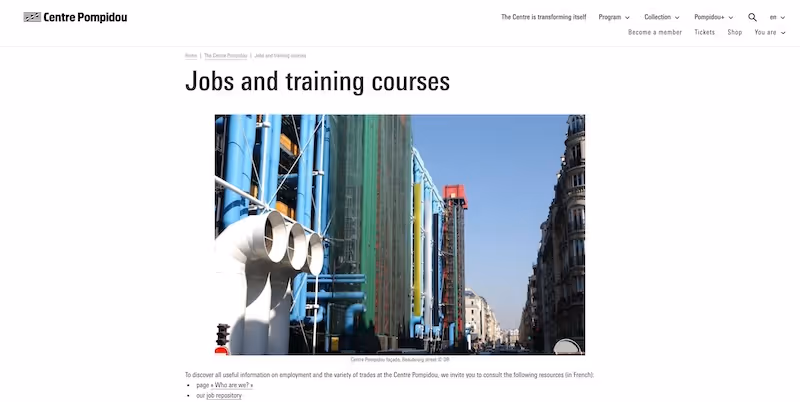 Screenshot of the official career page of Centre Pompidou