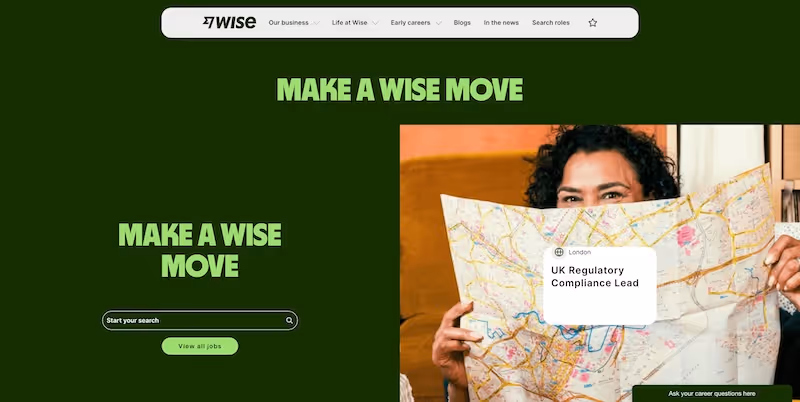 Screenshot of the official career page of Wise