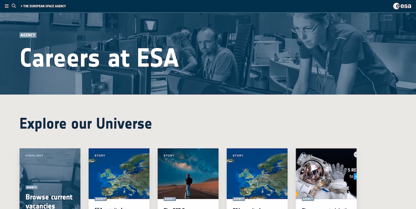 Screenshot of the official career page of European Space Agency (ESA)