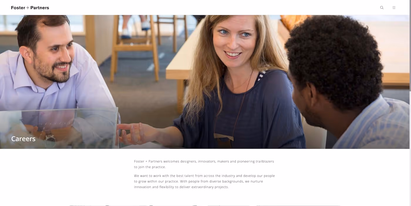 Screenshot of the official career page of Foster + Partners