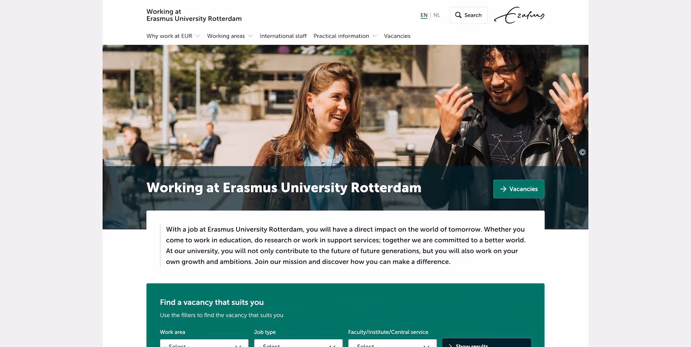Screenshot of the official career page of Erasmus University Rotterdam