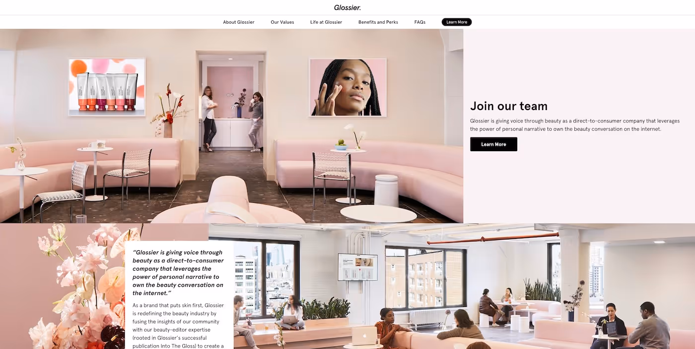 Screenshot of the official career page of Glossier