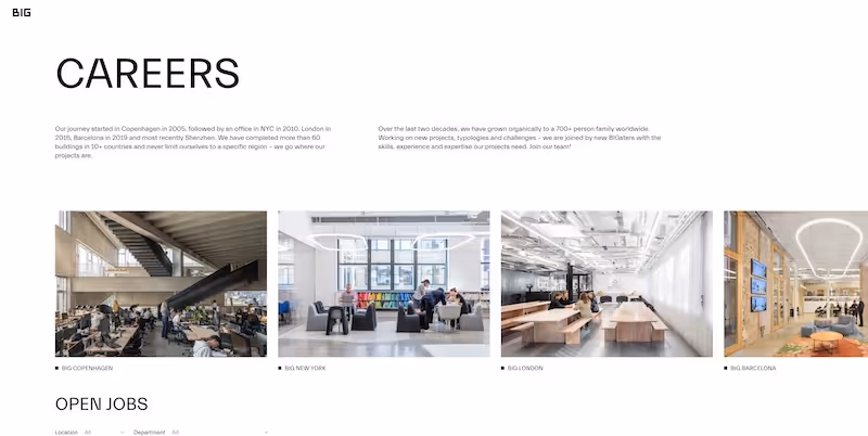 Screenshot of the official career page of Bjarke Ingels Group