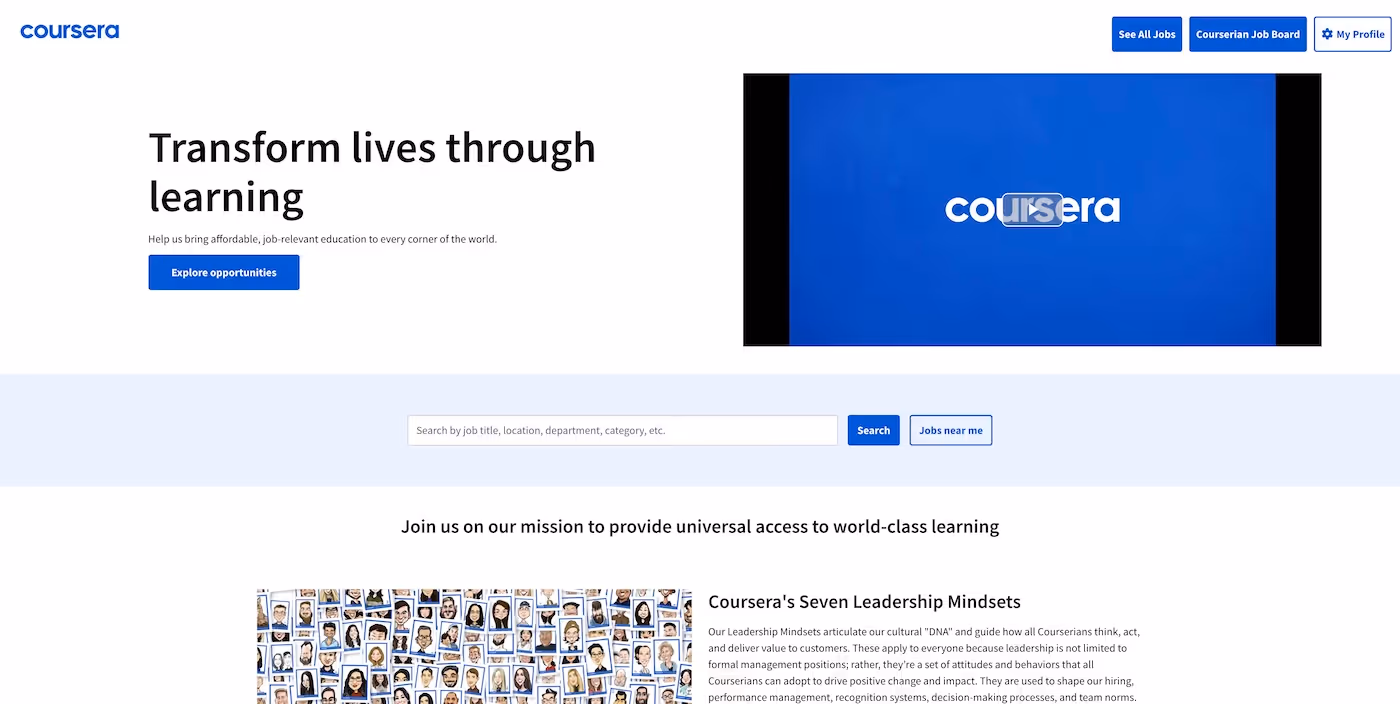 Screenshot of the official career page of Coursera