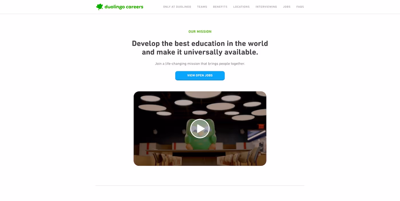 Screenshot of the official career page of Duolingo
