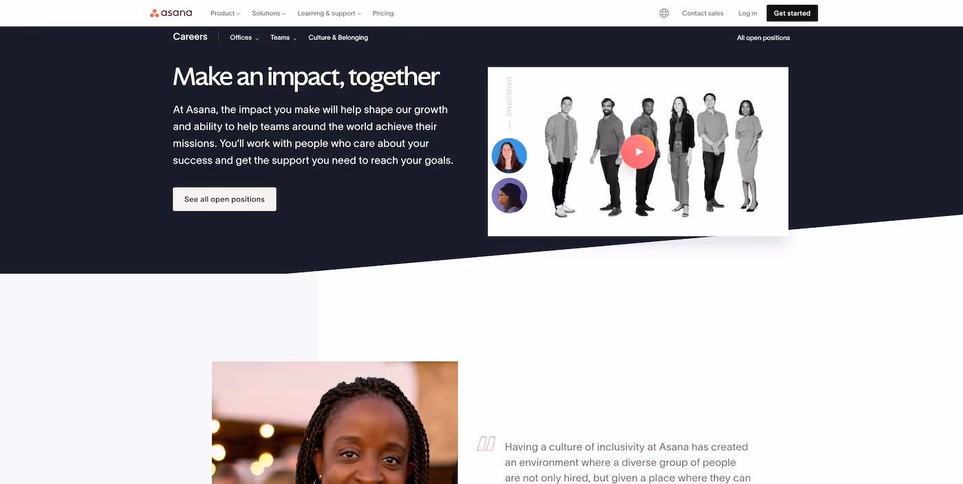 Screenshot of the official career page of Asana