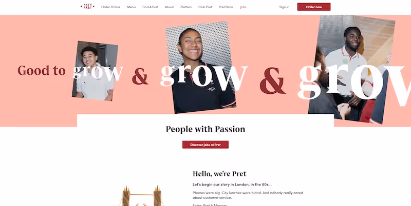 Screenshot of the official career page of Pret A Manger