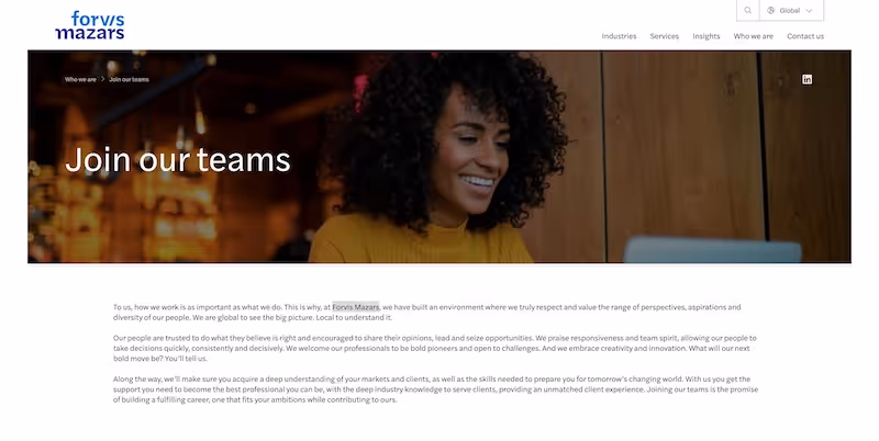 Screenshot of the official career page of Forvis Mazars