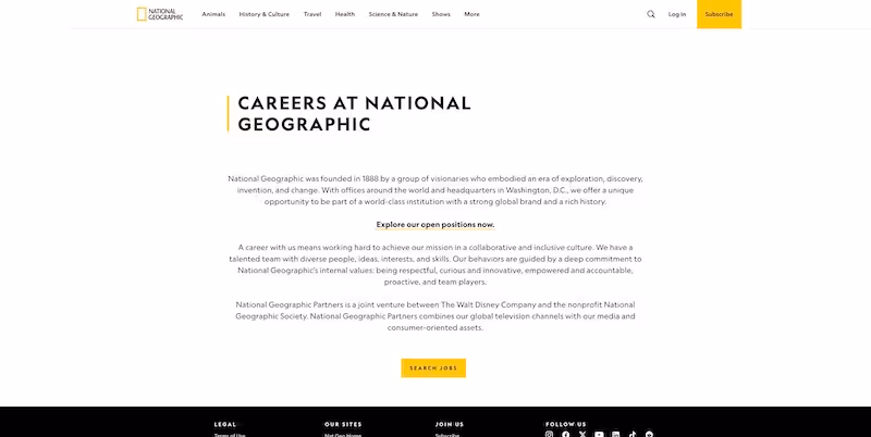 Screenshot of the official career page of National Geographic