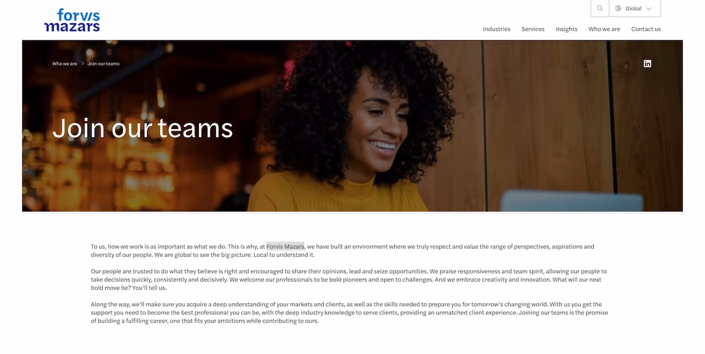 Screenshot of the official career page of Forvis Mazars