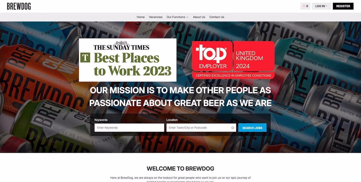 Screenshot of the official career page of BrewDog