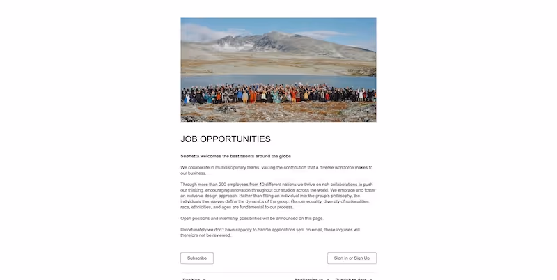 Screenshot of the official career page of Snøhetta