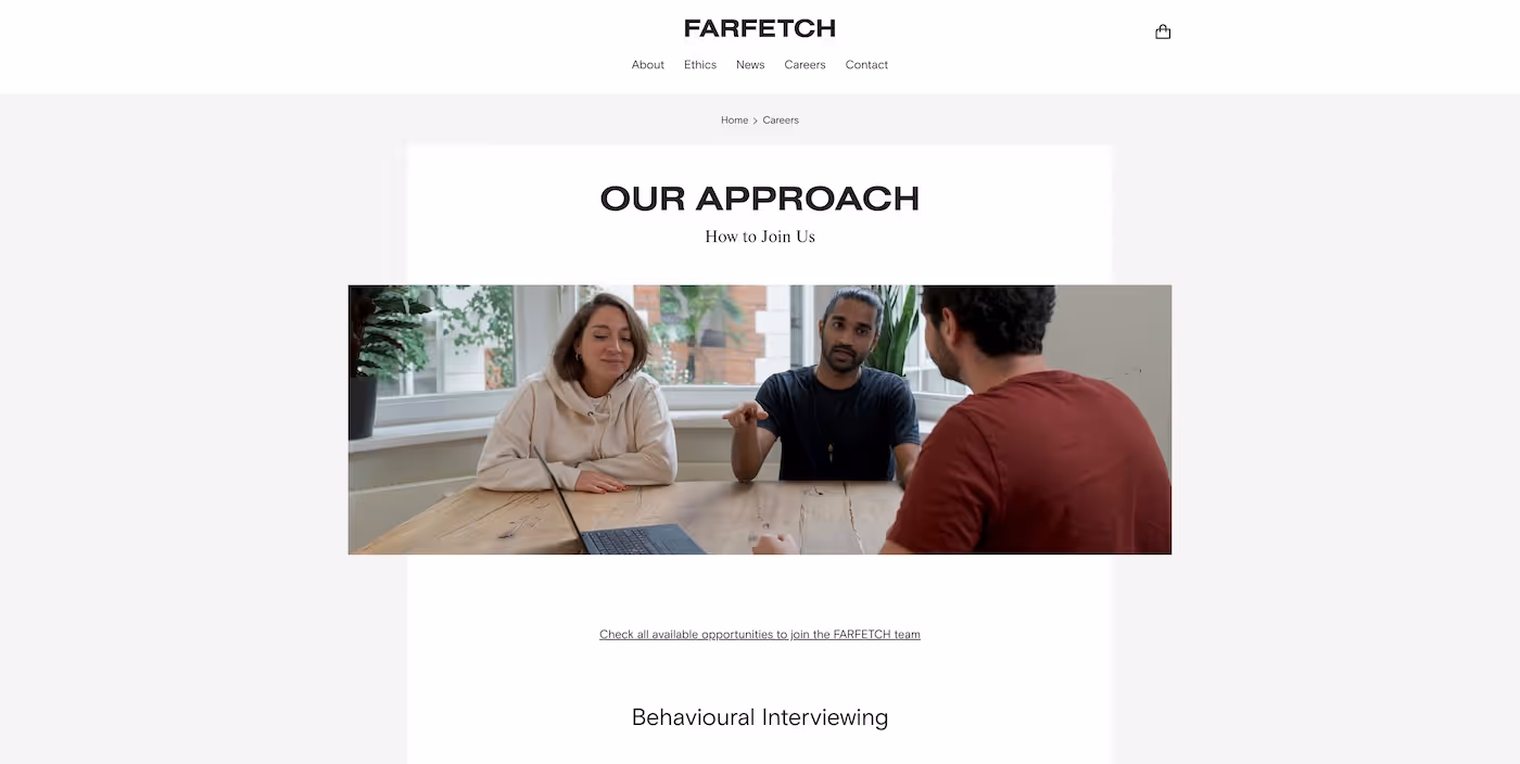 Screenshot of the official career page of Farfetch