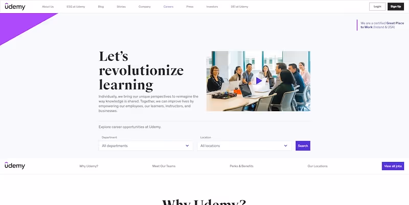Screenshot of the official career page of Udemy
