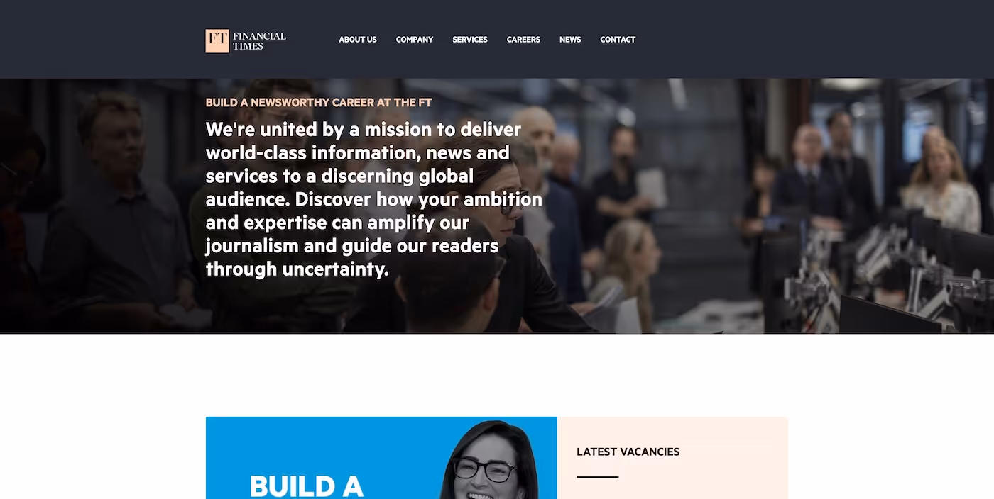 Screenshot of the official career page of Financial Times