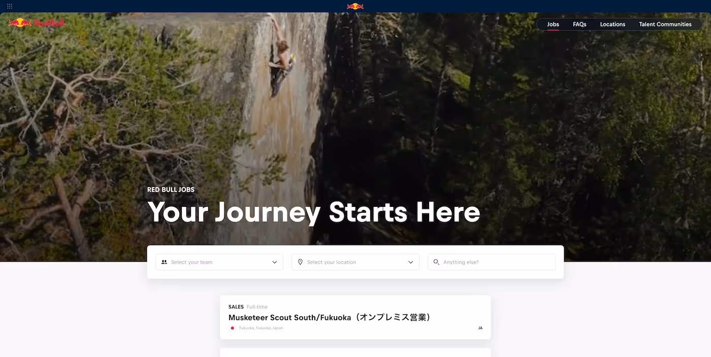 Screenshot of the official career page of Red Bull