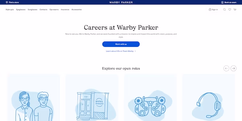 Screenshot of the official career page of Warby Parker