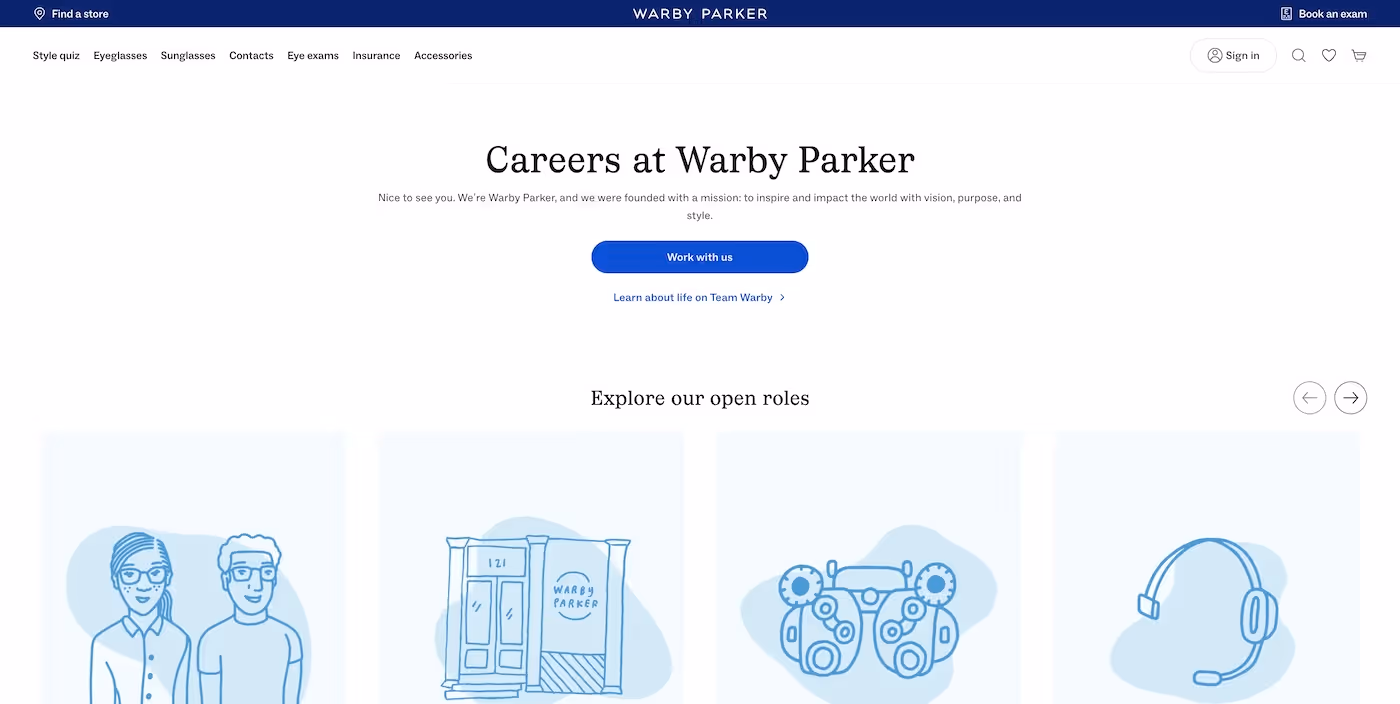 Screenshot of the official career page of Warby Parker