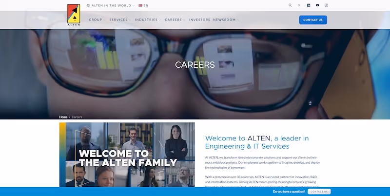 Screenshot of the official career page of Alten