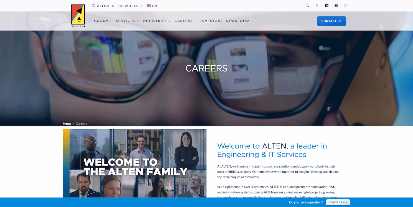 Screenshot of the official career page of Alten