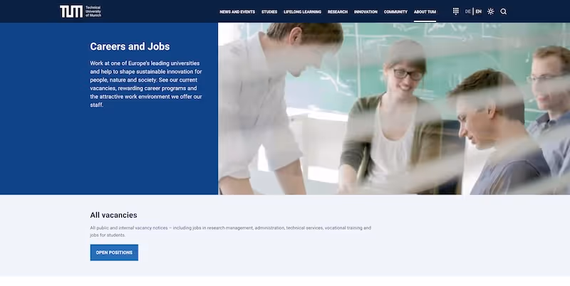 Screenshot of the official career page of Technical University of Munich (TUM)