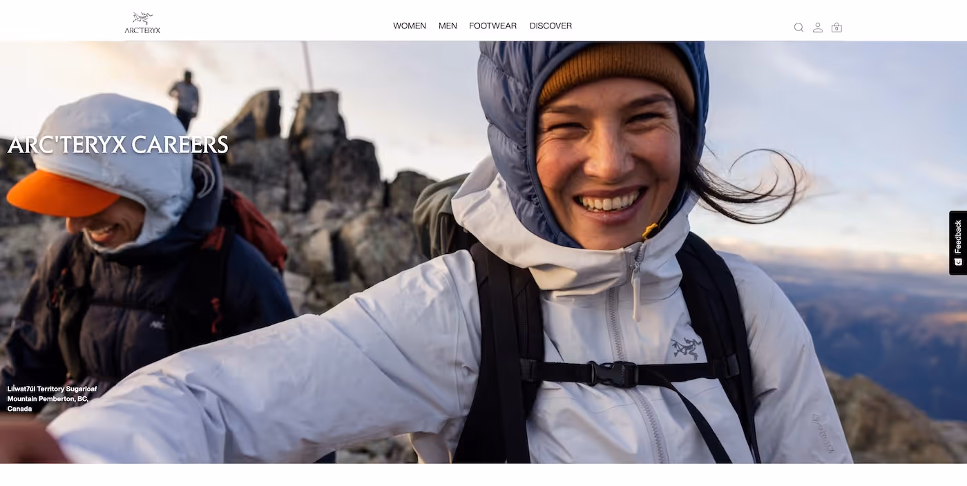 Screenshot of the official career page of Arc'teryx