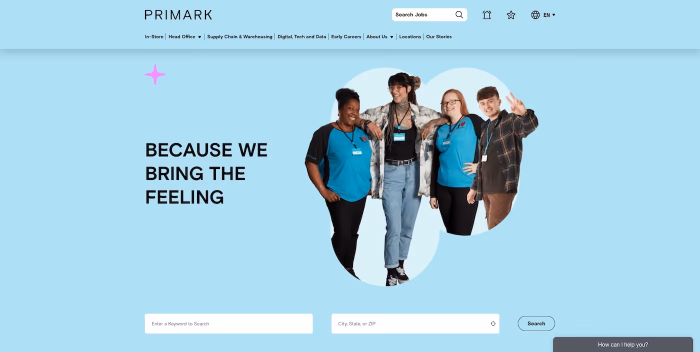 Screenshot of the official career page of Primark