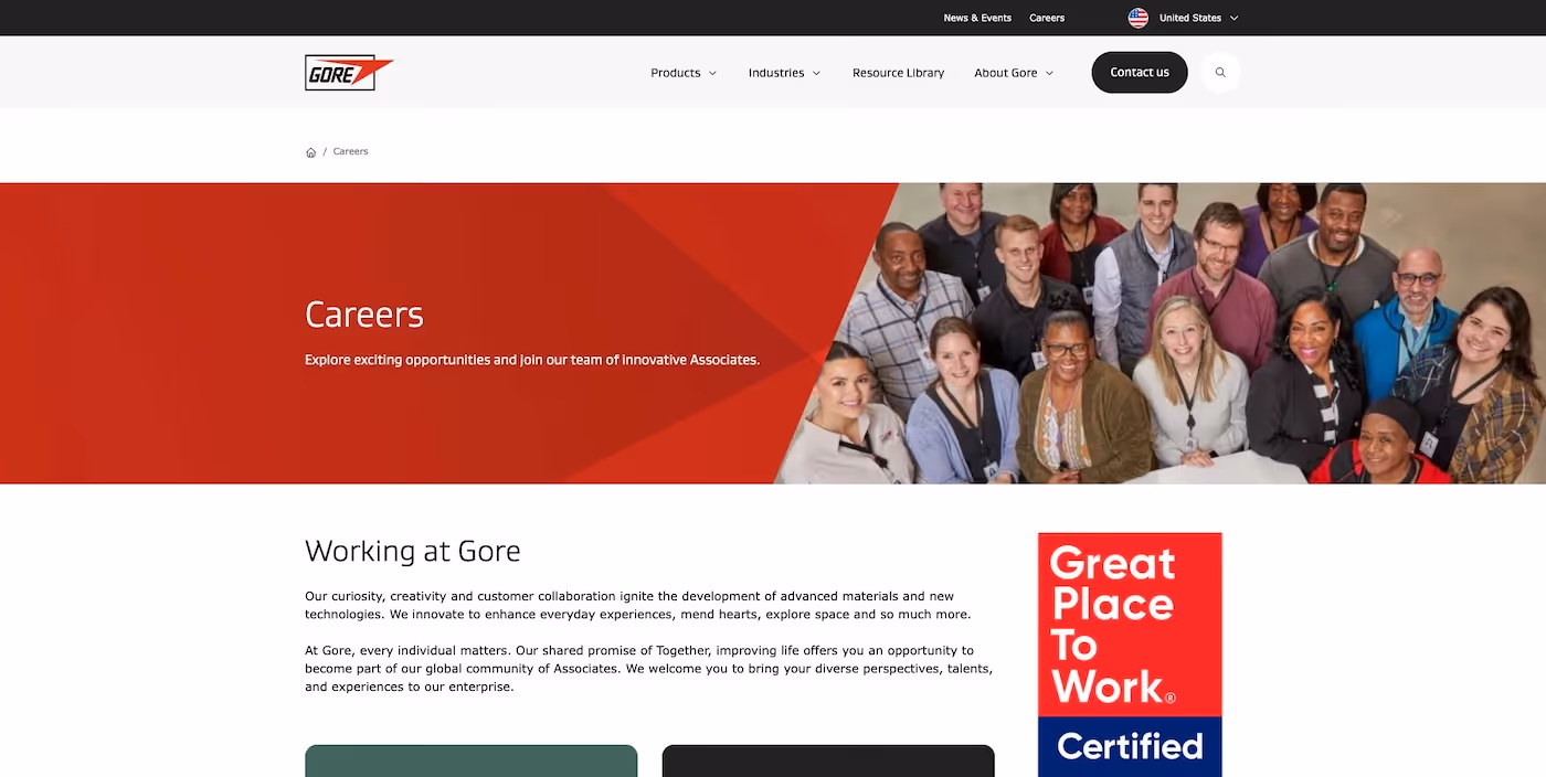 Screenshot of the official career page of W. L. Gore & Associates