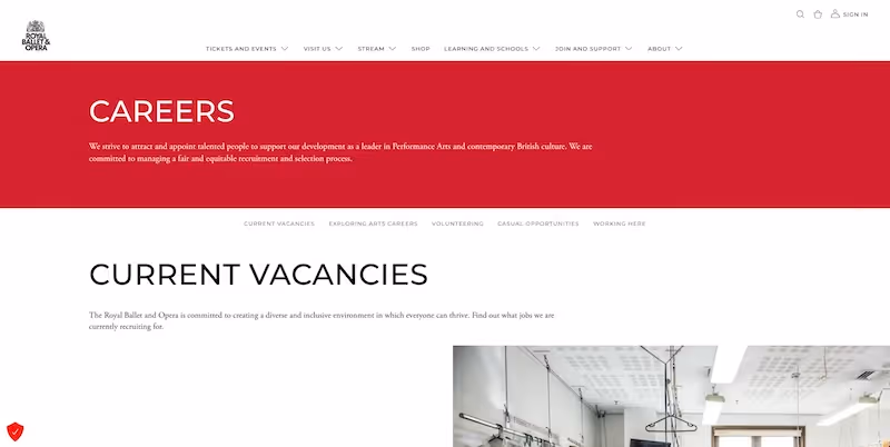 Screenshot of the official career page of Royal Ballet & Opera