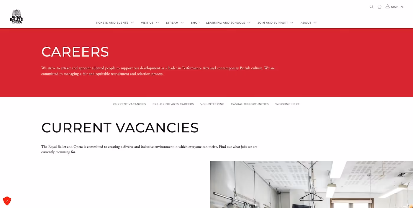 Screenshot of the official career page of Royal Ballet & Opera