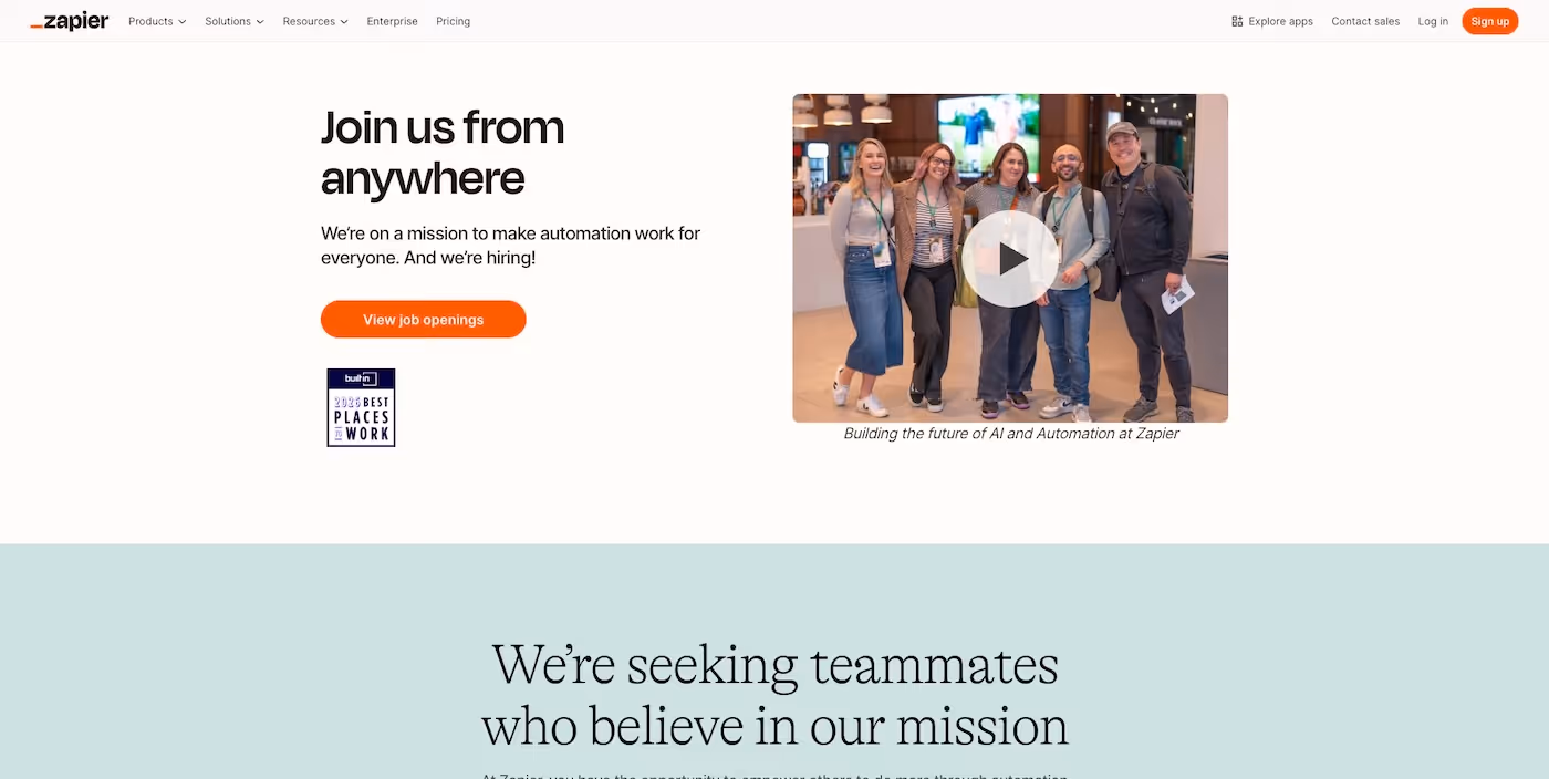 Screenshot of the official career page of Zapier