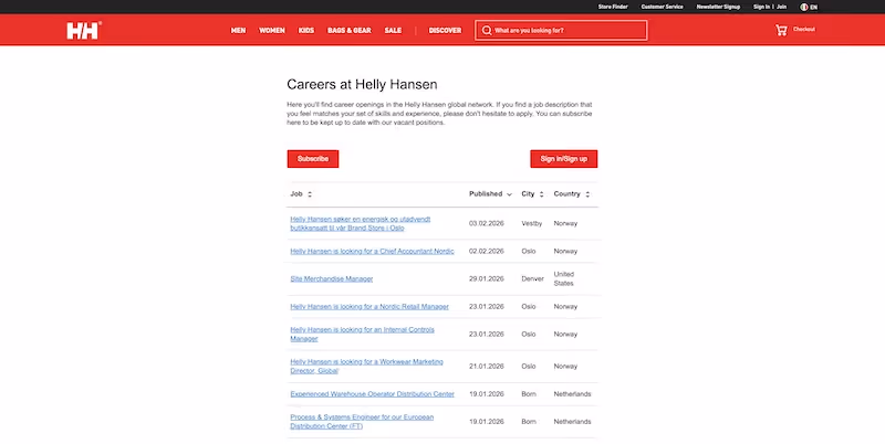 Screenshot of the official career page of Helly Hansen