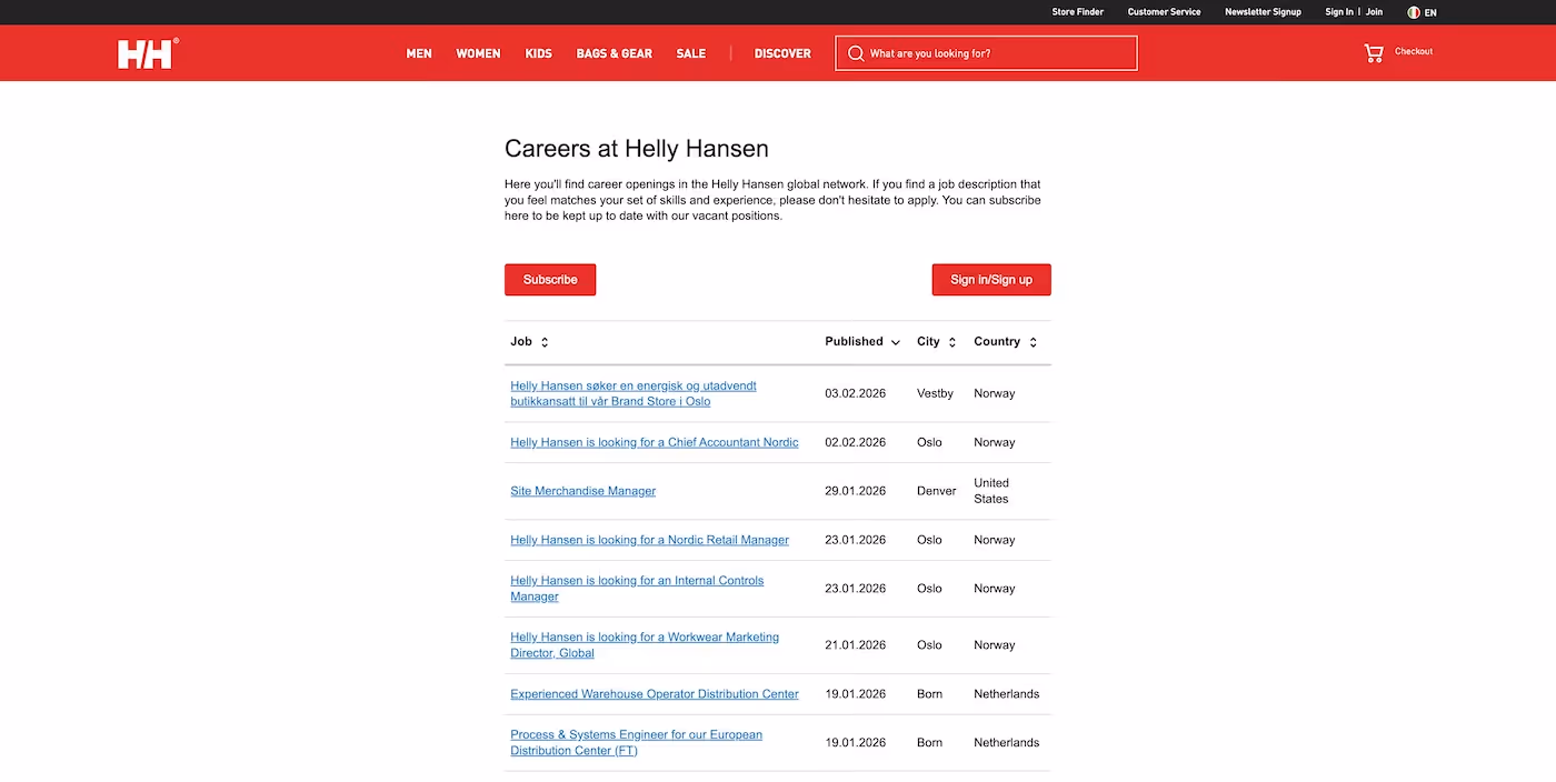 Screenshot of the official career page of Helly Hansen