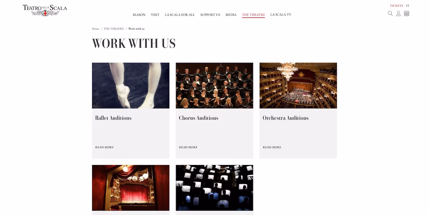 Screenshot of the official career page of Teatro alla Scala