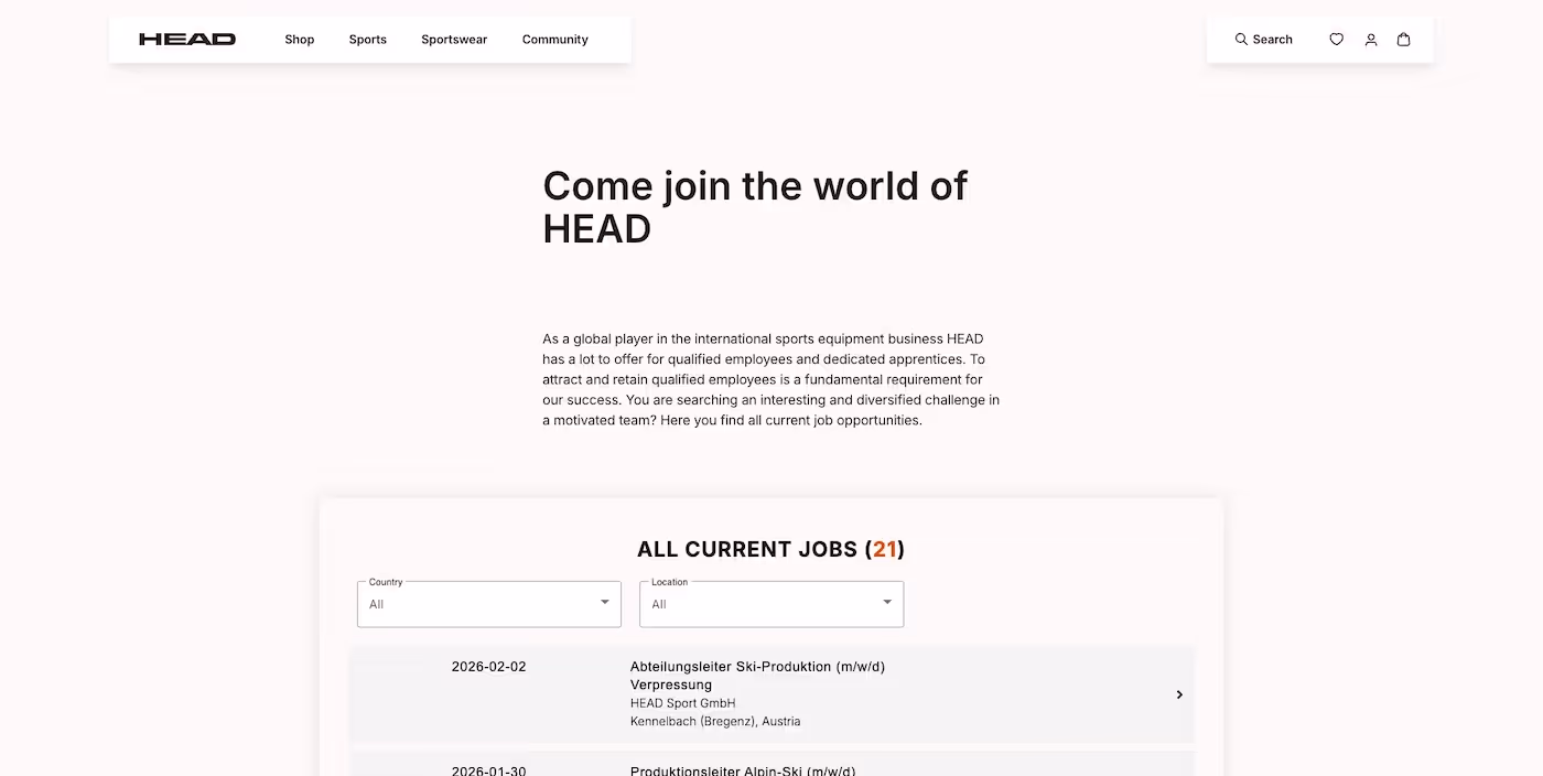 Screenshot of the official career page of Head