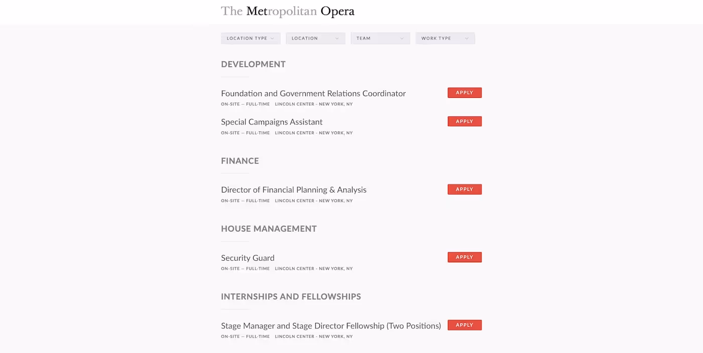 Screenshot of the official career page of The Metropolitan Opera