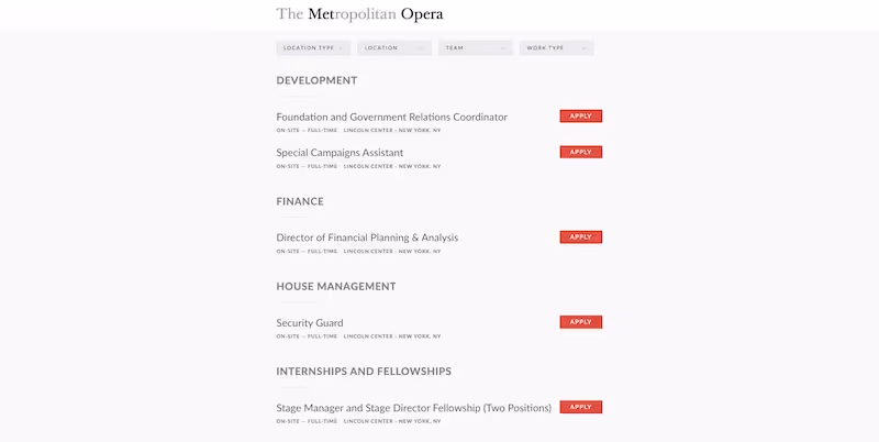 Screenshot of the official career page of The Metropolitan Opera