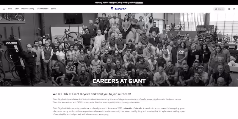 Screenshot of the official career page of Giant