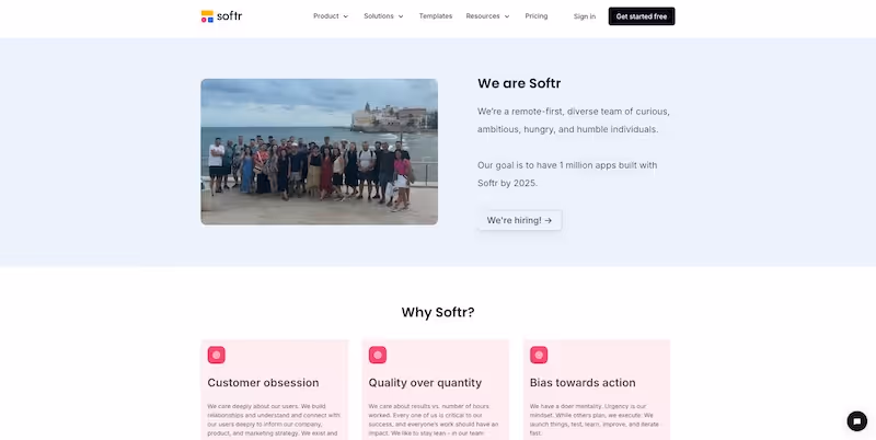 Screenshot of the official career page of Softr