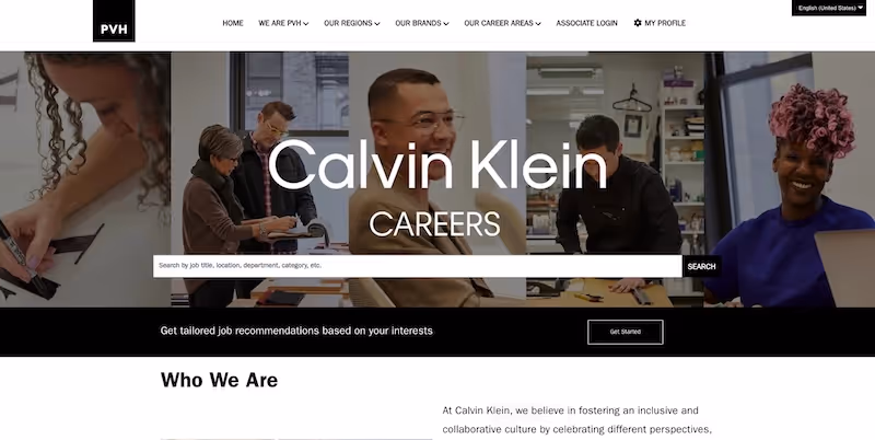 Screenshot of the official career page of Calvin Klein