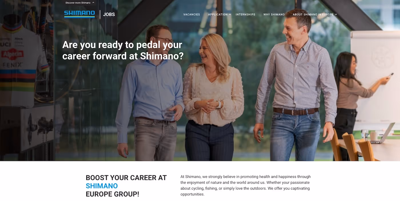 Screenshot of the official career page of Shimano