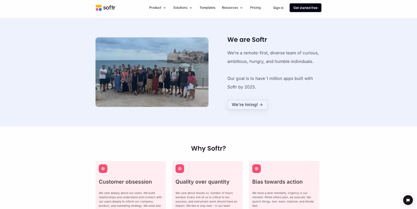 Screenshot of the official career page of Softr