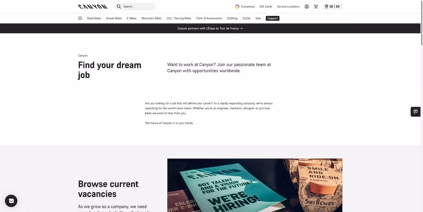 Screenshot of the official career page of Canyon